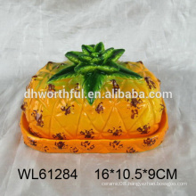 2016 hot selling ceramic butter dish ceramic bread plate in pineapple shape